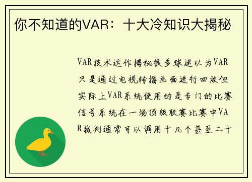 你不知道的VAR：十大冷知识大揭秘