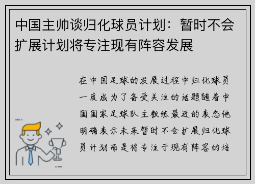 中国主帅谈归化球员计划:暂时不会扩展计划将专注现有阵容发展 中国主帅谈归化球员计划:暂时不会扩展计划将专注现有阵容发展